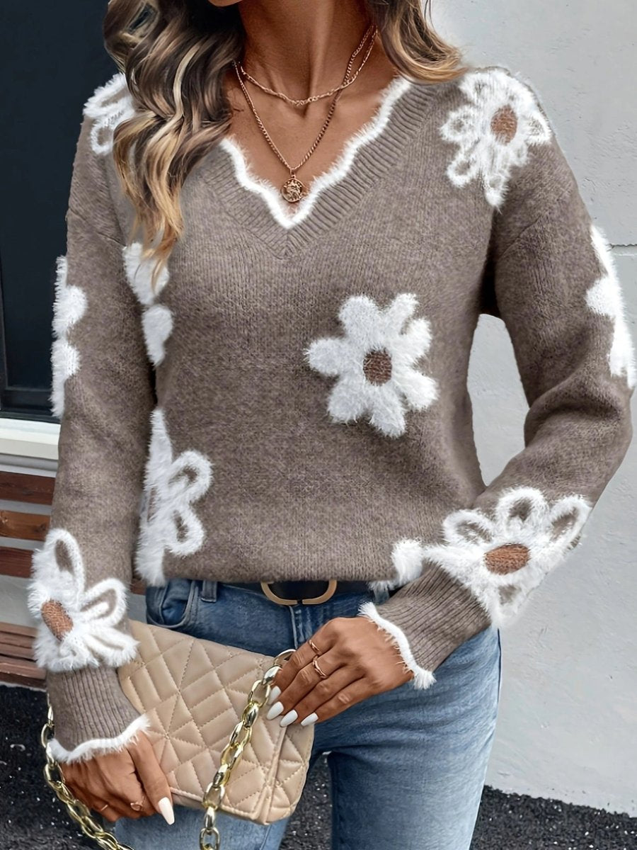 Women's Fluffy Floral V-Neck Knit Sweater Pullover - Khaki