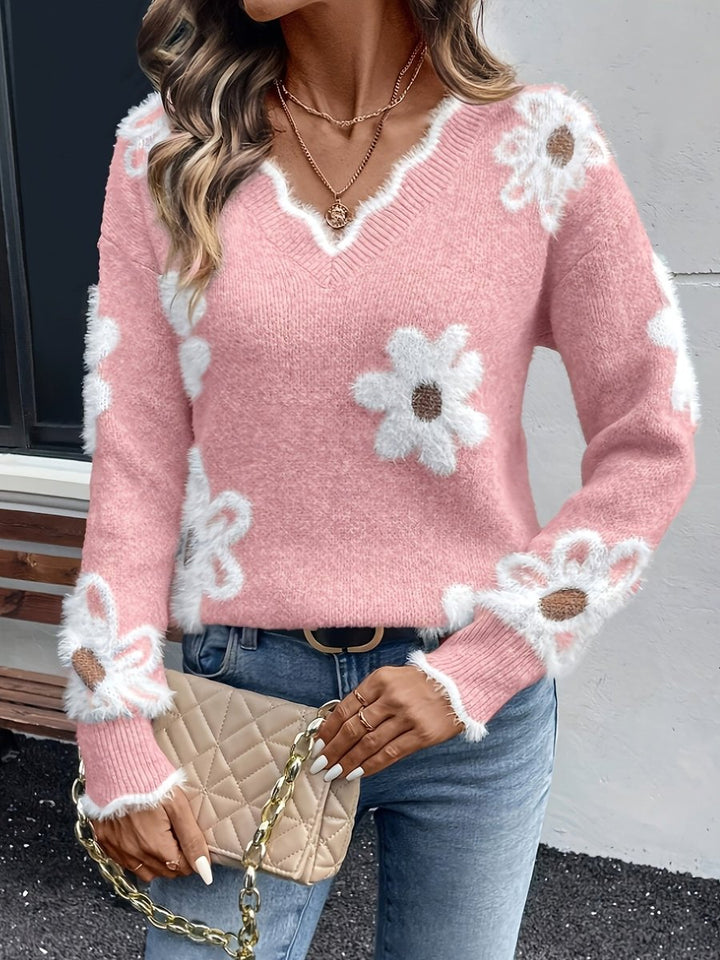 Women's Fluffy Floral V-Neck Knit Sweater Pullover