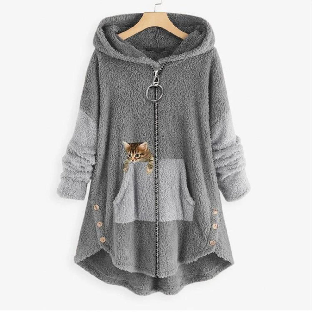 Women's Fluffy Plush Zip-Up Cat Print Hooded Sweater - Grey