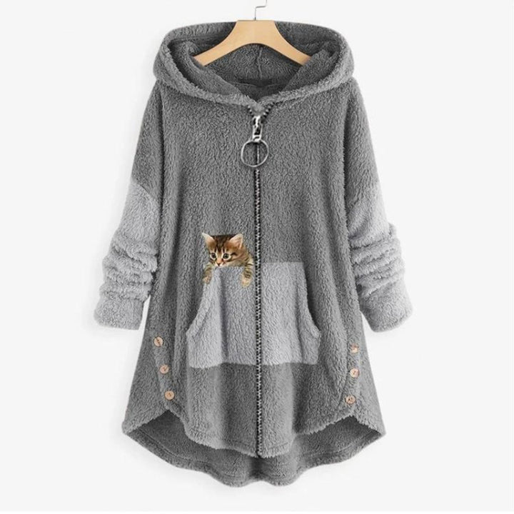 Women's Fluffy Plush Zip-Up Cat Print Hooded Sweater - Grey