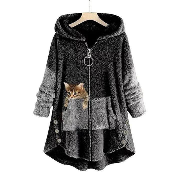 Women's Fluffy Plush Zip-Up Cat Print Hooded Sweater - Dark Grey