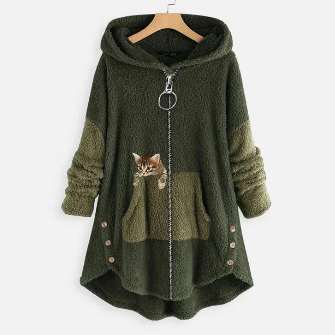 Women's Fluffy Plush Zip-Up Cat Print Hooded Sweater - Green