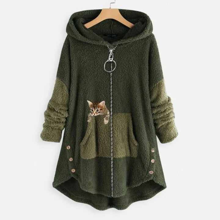 Women's Fluffy Plush Zip-Up Cat Print Hooded Sweater - Green