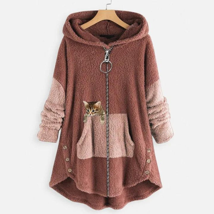 Women's Fluffy Plush Zip-Up Cat Print Hooded Sweater - Pink