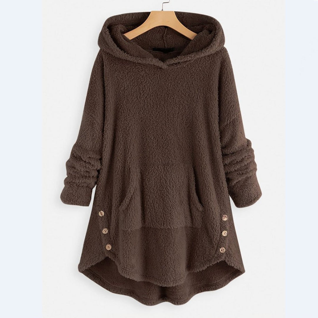 Women's Fluffy Plush Zip-Up Cat Print Hooded Sweater - Brown