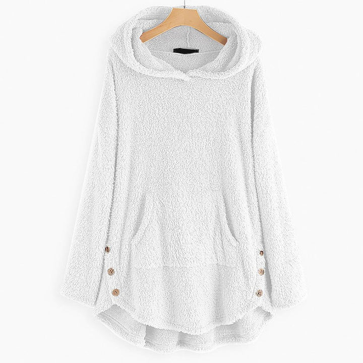 Women's Fluffy Plush Zip-Up Cat Print Hooded Sweater - White