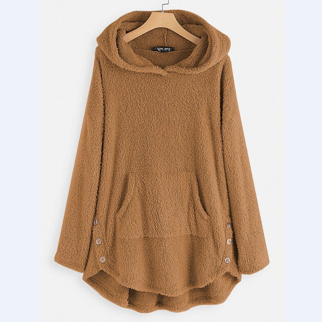 Women's Fluffy Plush Zip-Up Cat Print Hooded Sweater - Beige