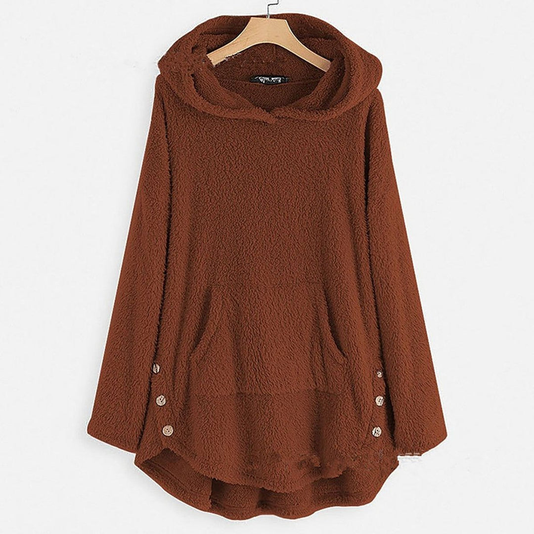 Women's Fluffy Plush Zip-Up Cat Print Hooded Sweater - Burgundy