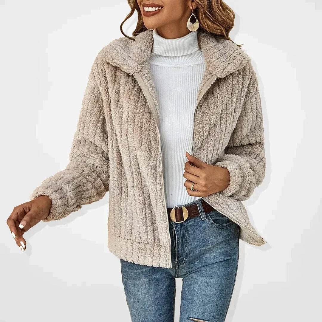Women's Fluffy Zip-Up Quilted Jacket Oversized Fleece Coat - Apricot