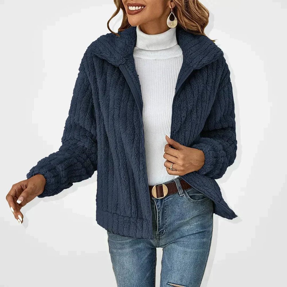 Women's Fluffy Zip-Up Quilted Jacket Oversized Fleece Coat - Navy Blue