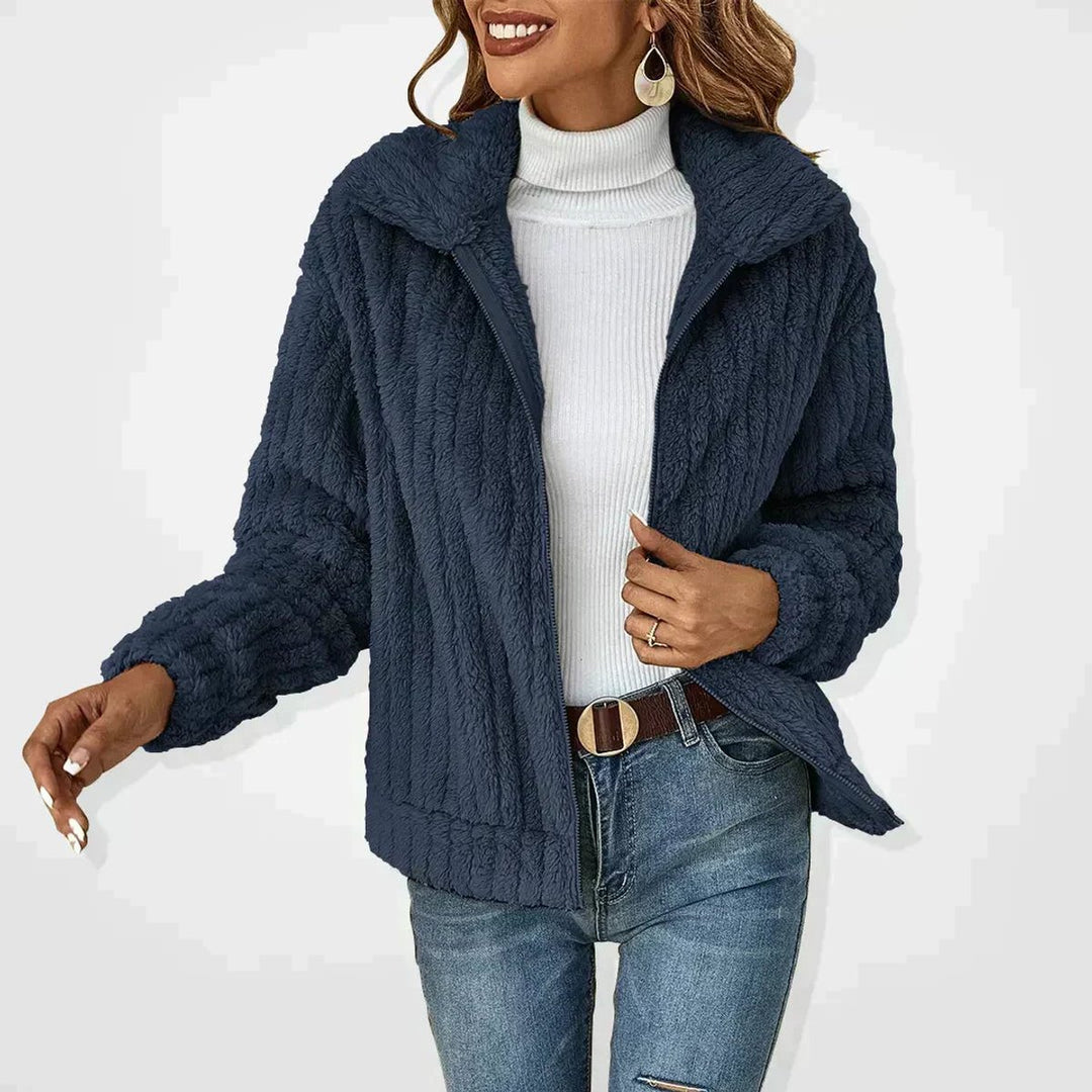 Women's Fluffy Zip-Up Quilted Jacket Oversized Fleece Coat - Navy Blue