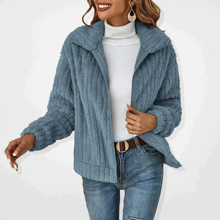 Women's Fluffy Zip-Up Quilted Jacket Oversized Fleece Coat - Blue