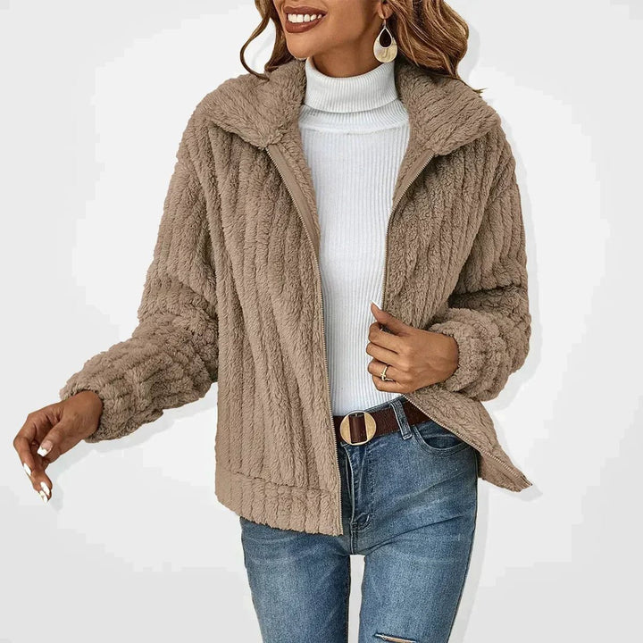 Women's Fluffy Zip-Up Quilted Jacket Oversized Fleece Coat - Khaki