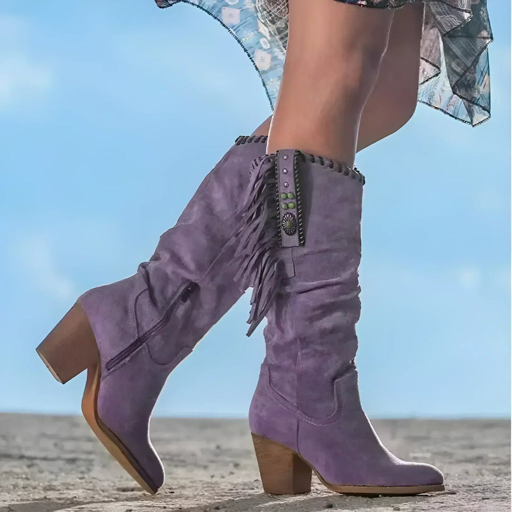 Women's Fringe Suede Slouchy Knee High Boots Western Cowboy - Purple