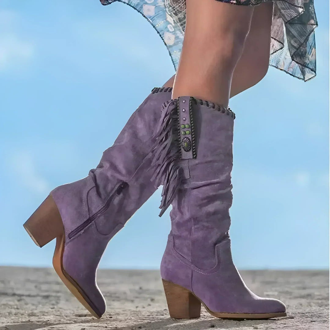 Women's Fringe Suede Slouchy Knee High Boots Western Cowboy - Purple