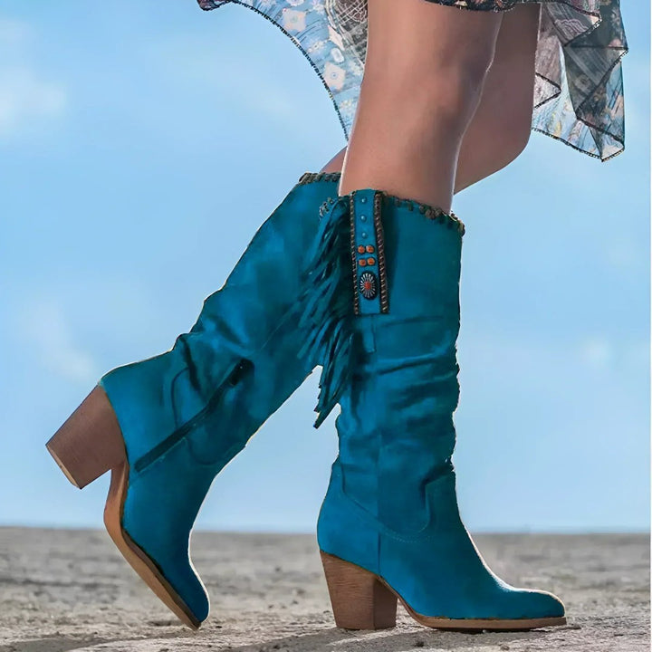 Women's Fringe Suede Slouchy Knee High Boots Western Cowboy - Blue