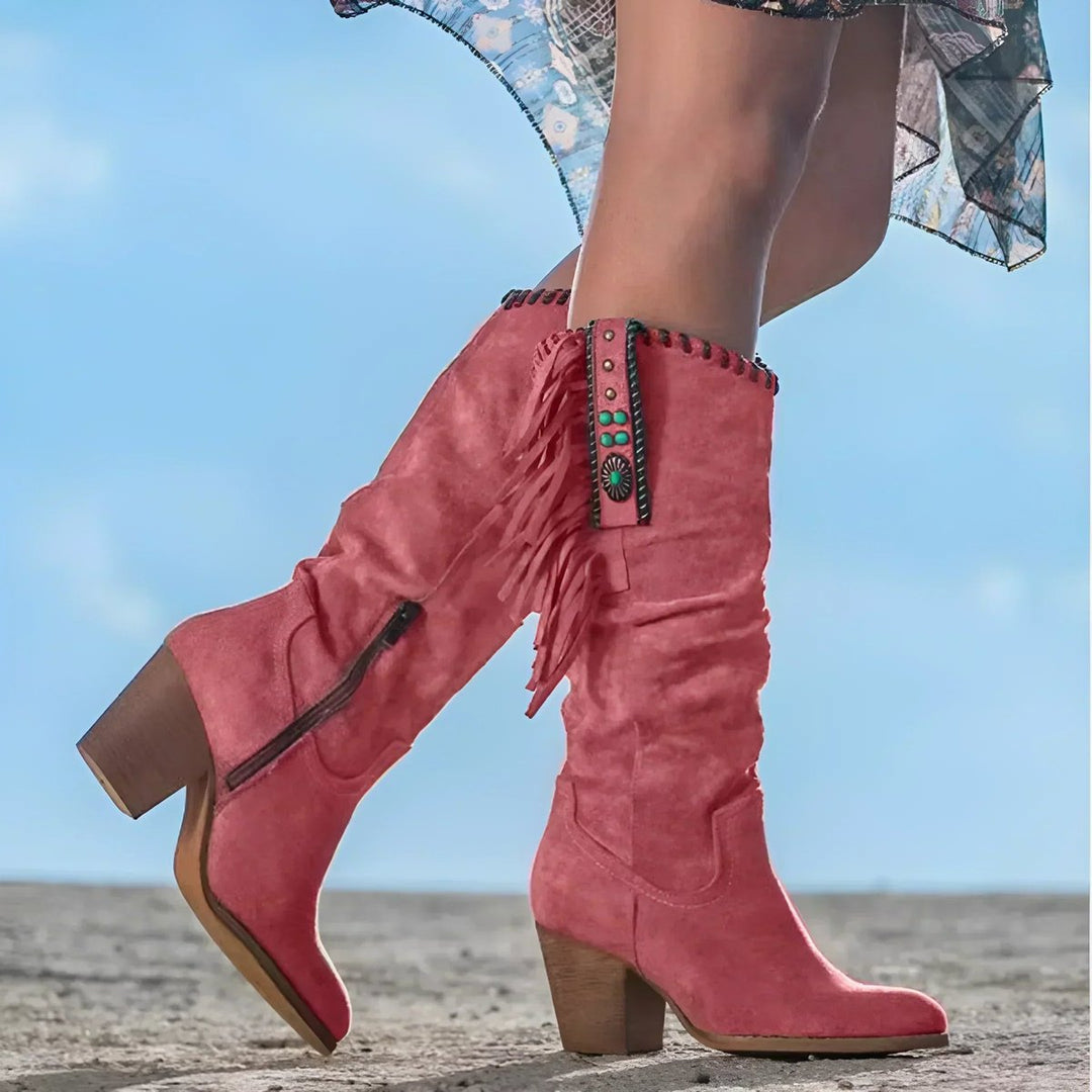 Women's Fringe Suede Slouchy Knee High Boots Western Cowboy - Red