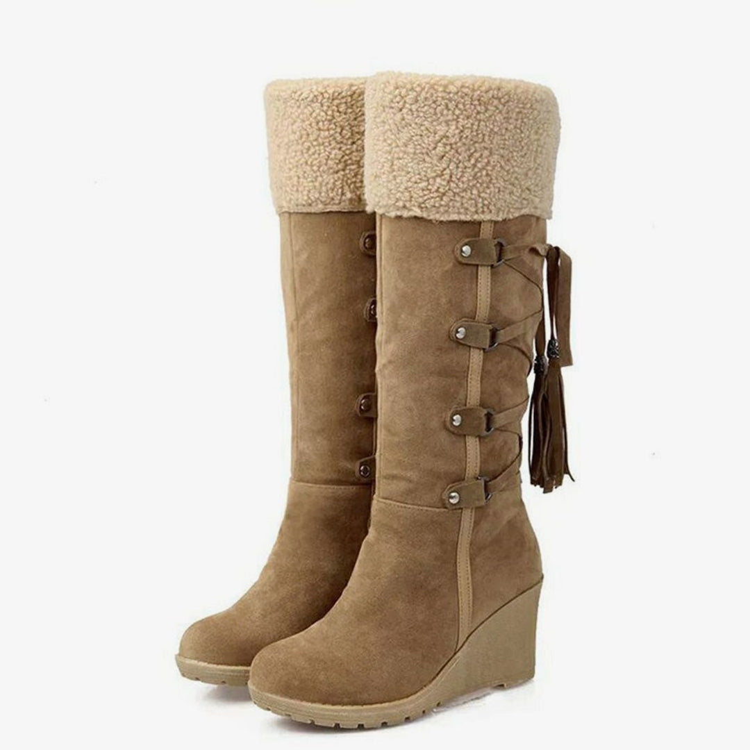 Women's Fur-Trimmed Wedge Heel Knee-High Winter Boots - Brown