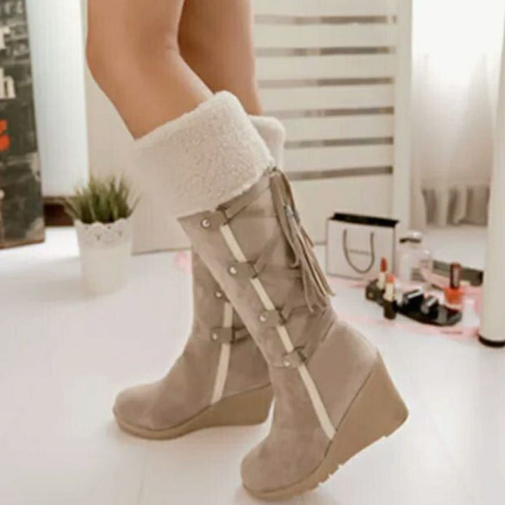 Women's Fur-Trimmed Wedge Heel Knee-High Winter Boots - Beige