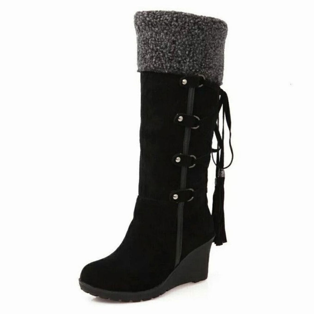Women's Fur-Trimmed Wedge Heel Knee-High Winter Boots - Black