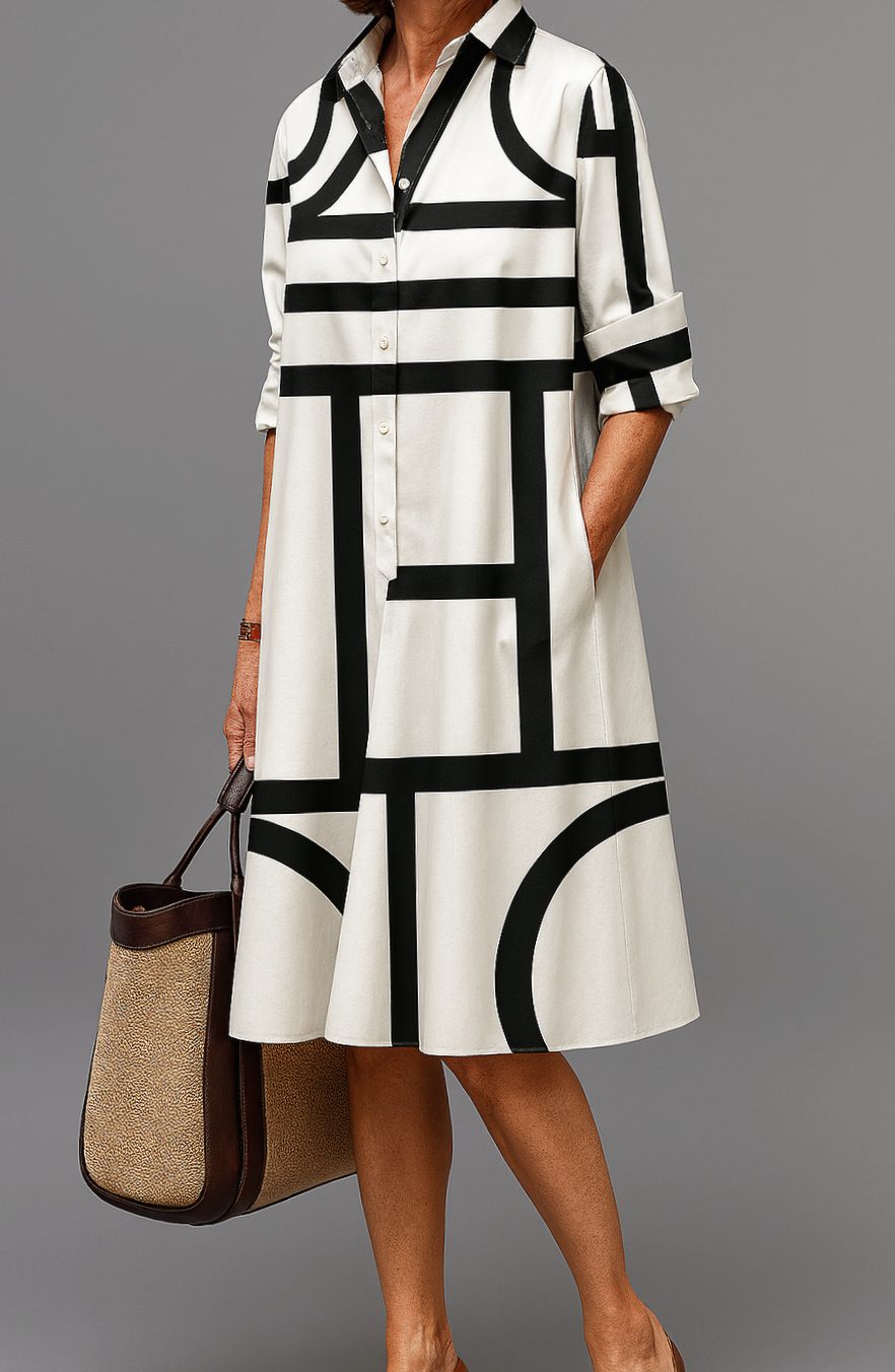Women's Geometric Print Button-Down Midi Cocktail Dress - White Black