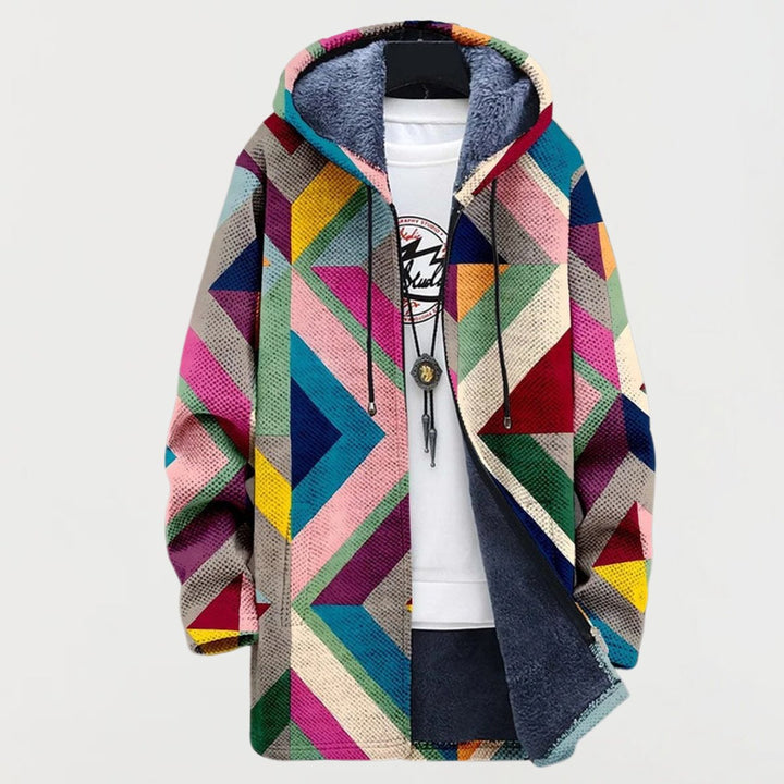 Women's Geometric Print Fleece-Lined Hooded Sweater Coat - Multicolour