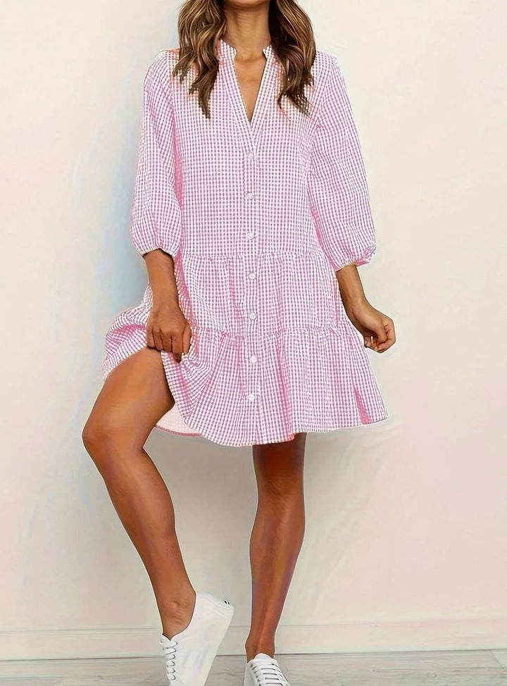 Women's Gingham Button-Front Ruffle Hem Mini Dress - Pink