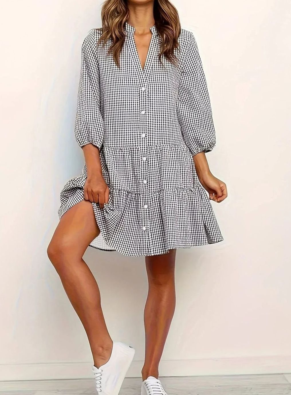 Women's Gingham Button-Front Ruffle Hem Mini Dress - Black