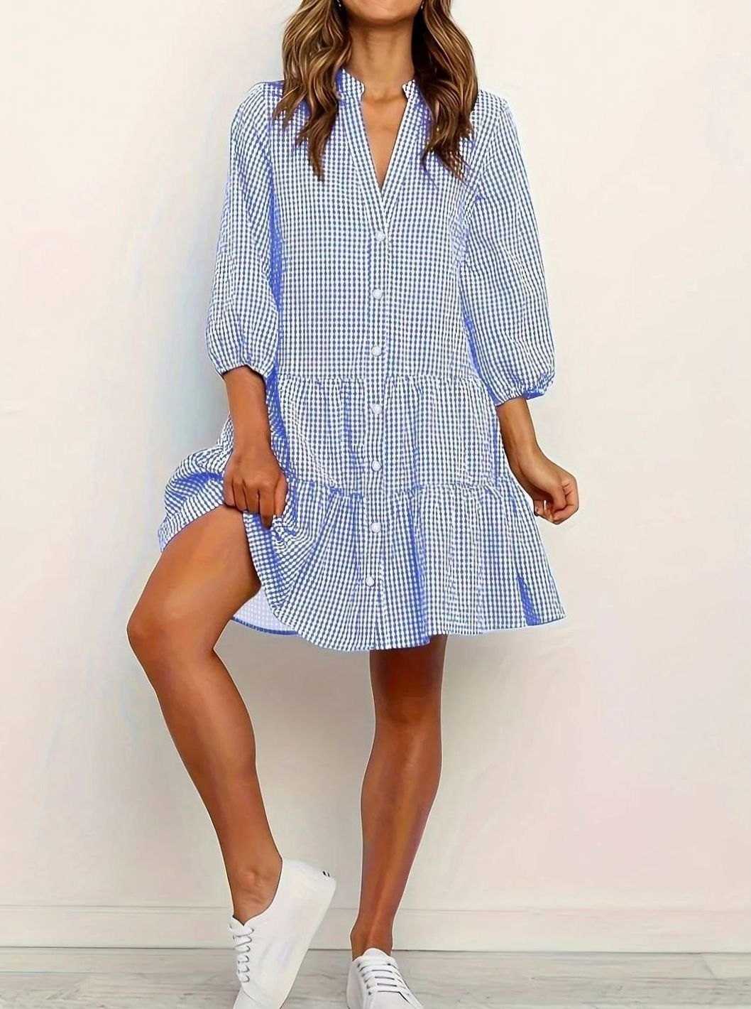 Women's Gingham Button-Front Ruffle Hem Mini Dress - Blue