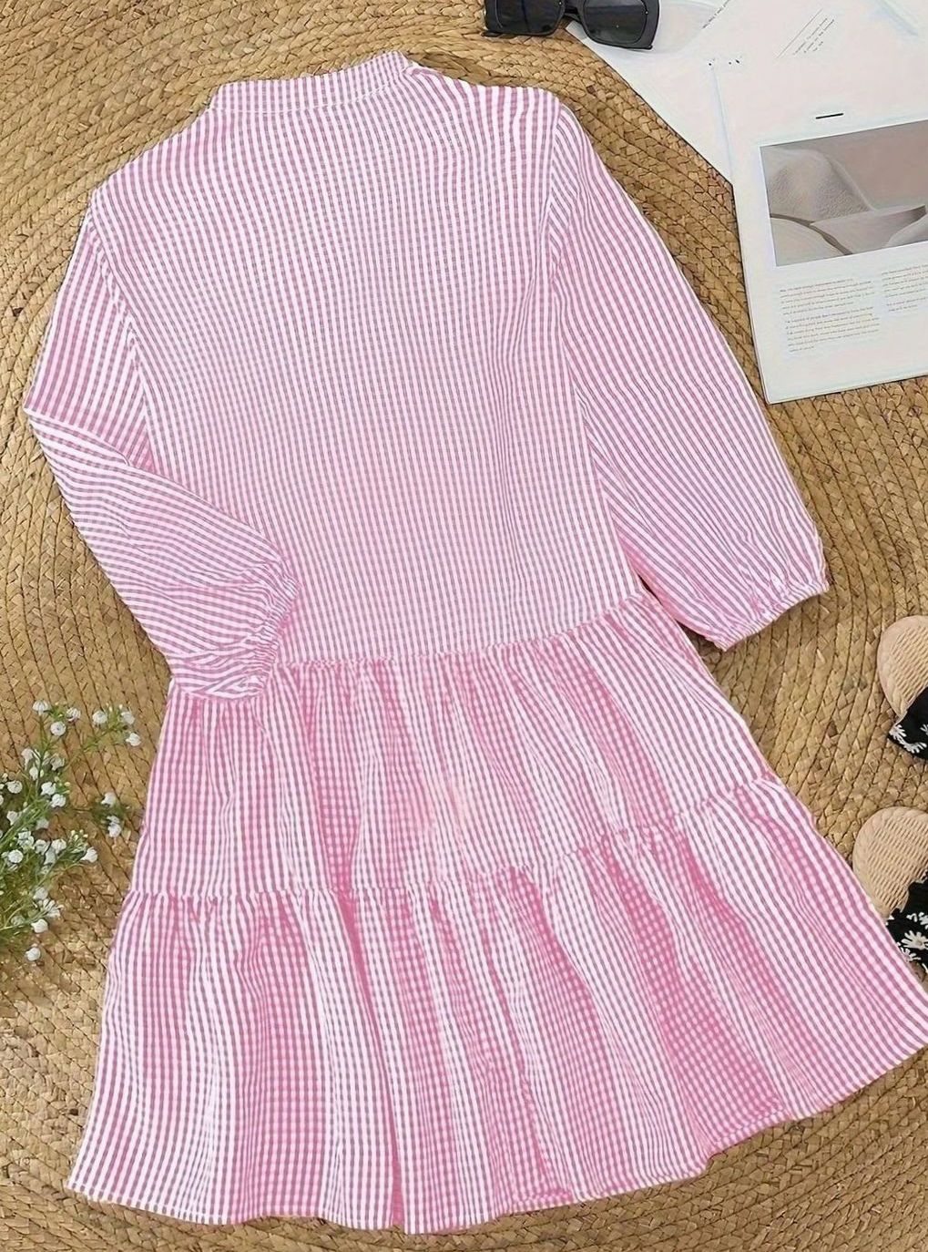 Women's Gingham Button-Front Ruffle Hem Mini Dress