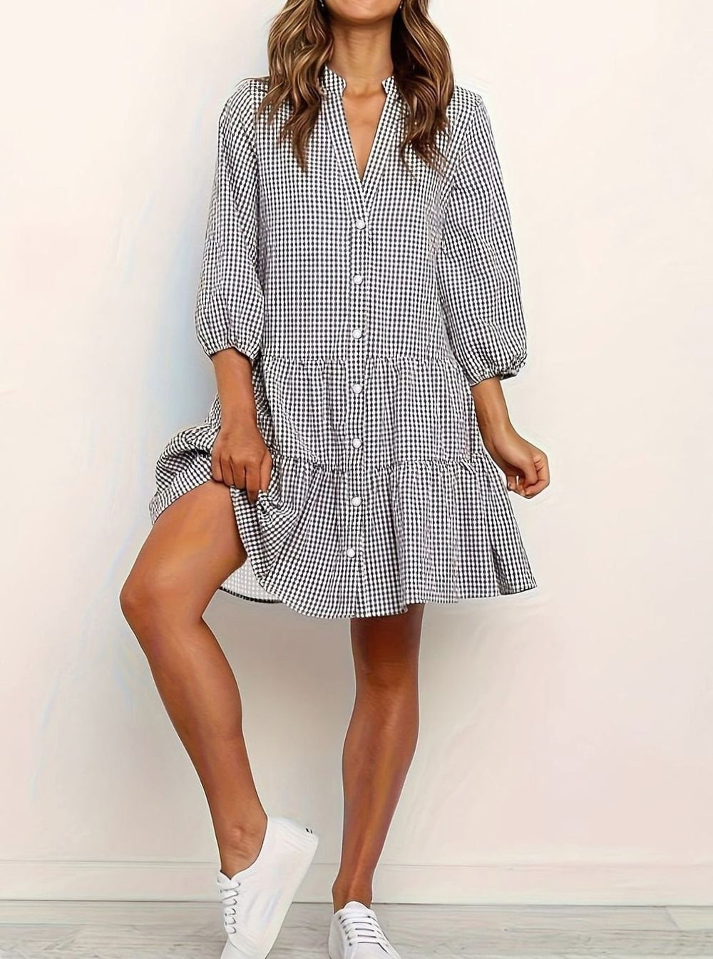 Women's Gingham Tiered Mini Dress 3/4 Puff Sleeve Button-Down - Black