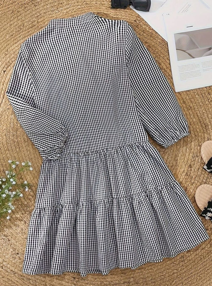 Women's Gingham Tiered Mini Dress 3/4 Puff Sleeve Button-Down