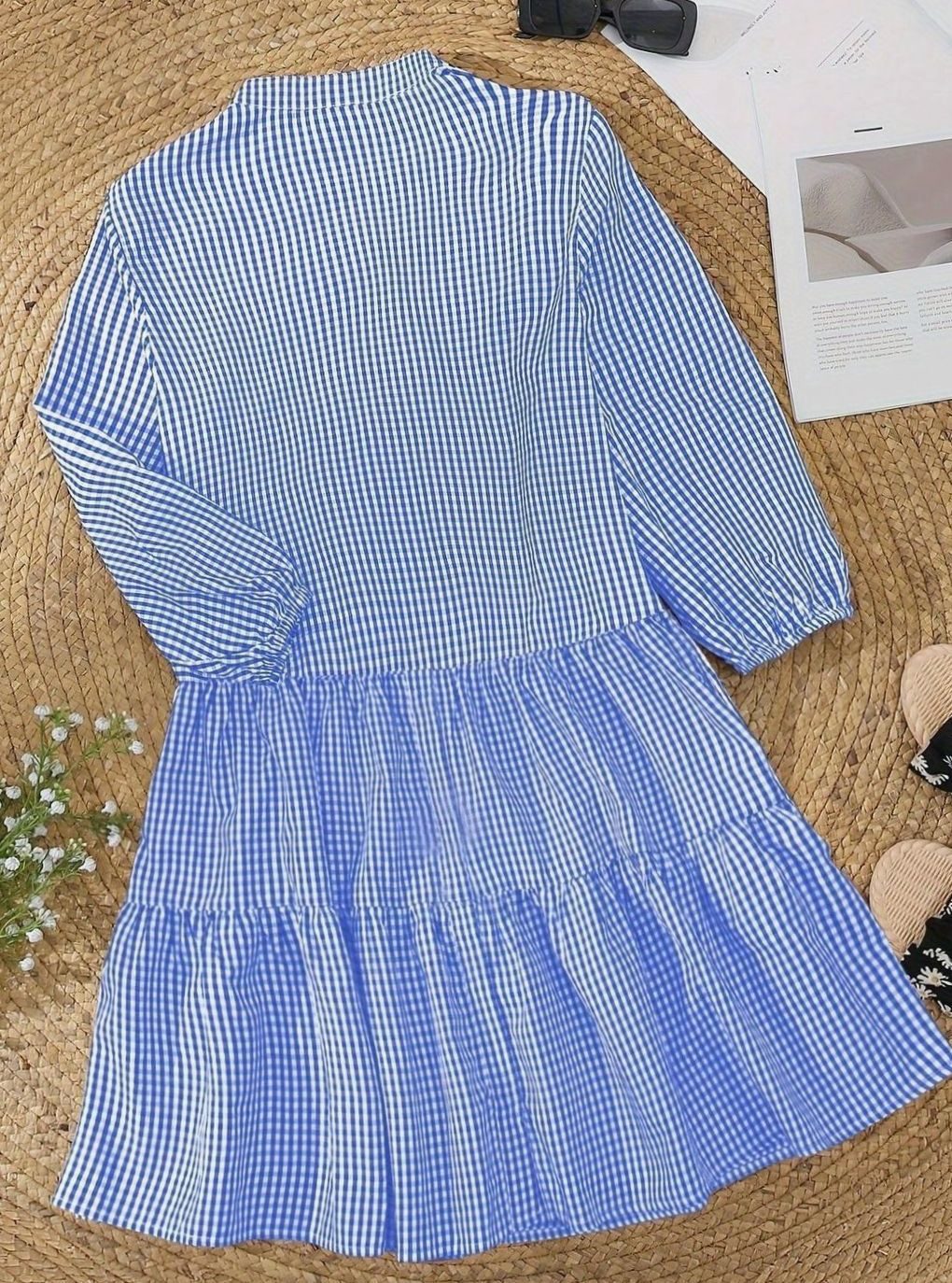 Women's Gingham Tiered Mini Dress 3/4 Puff Sleeve Button-Down