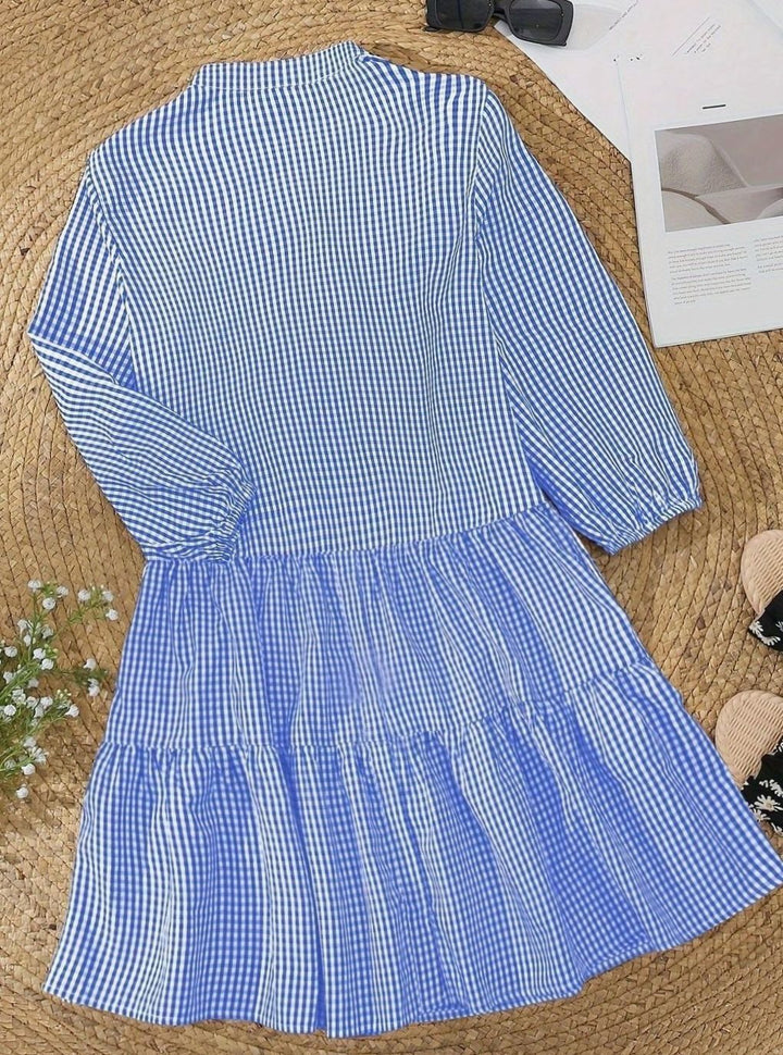 Women's Gingham Tiered Mini Dress 3/4 Puff Sleeve Button-Down