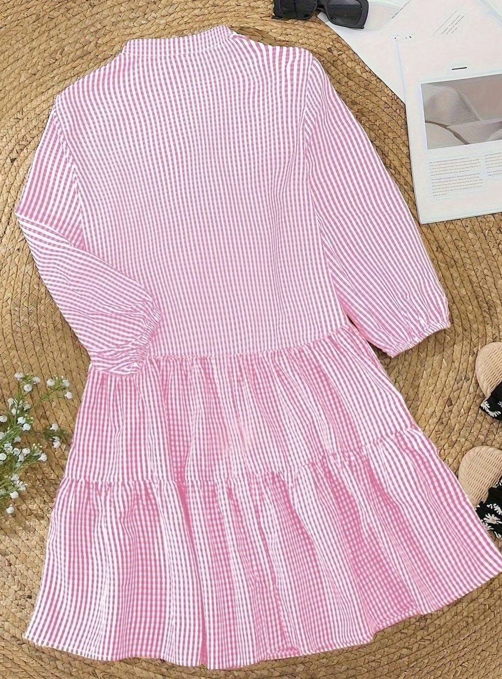 Women's Gingham Tiered Mini Dress 3/4 Puff Sleeve Button-Down