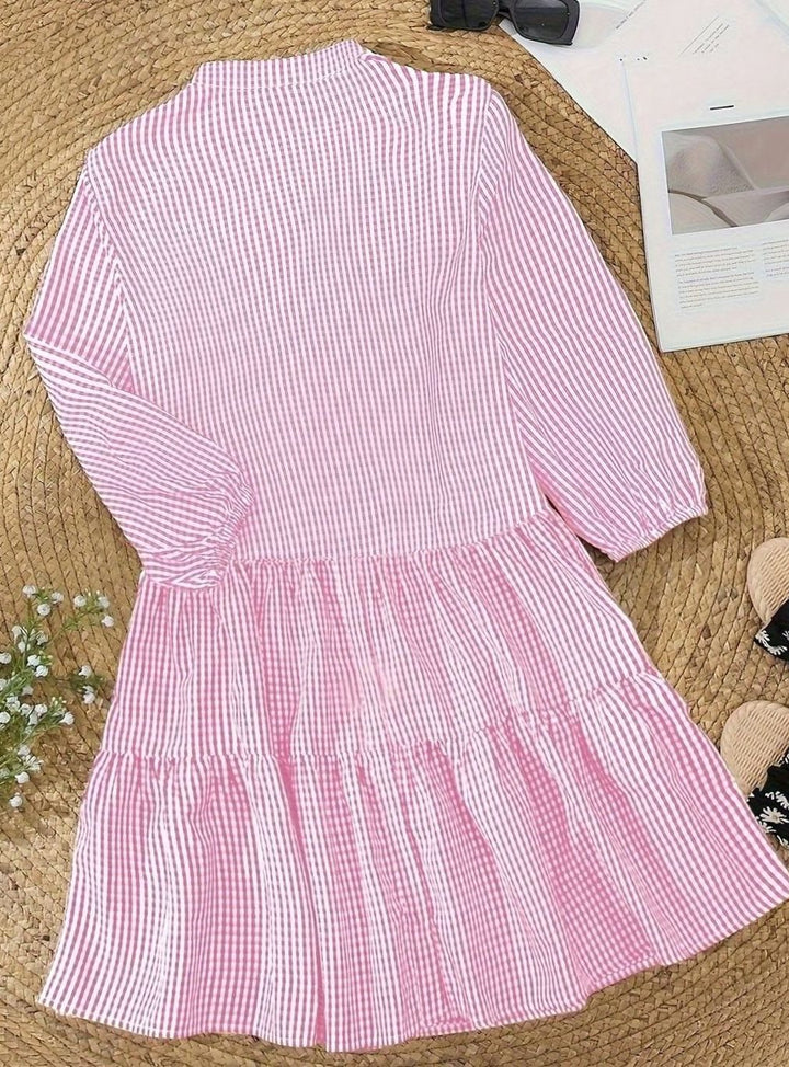 Women's Gingham Tiered Mini Dress 3/4 Puff Sleeve Button-Down