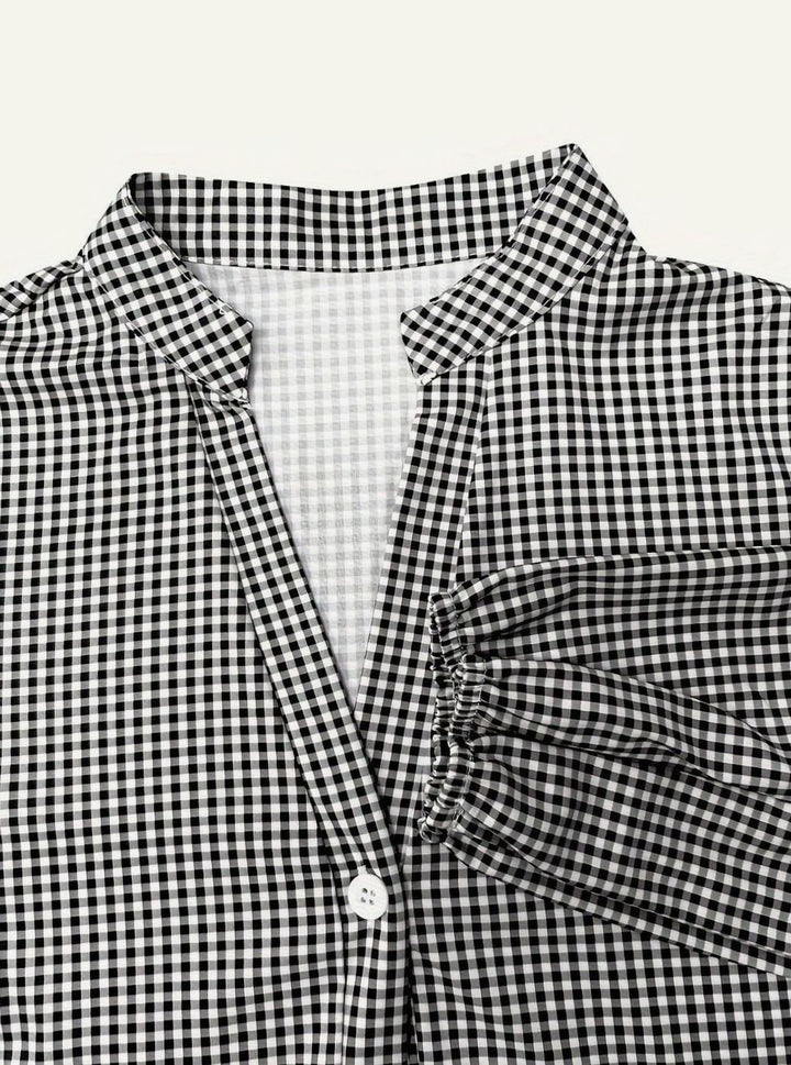 Women's Gingham Tiered Mini Dress 3/4 Puff Sleeve Button-Down