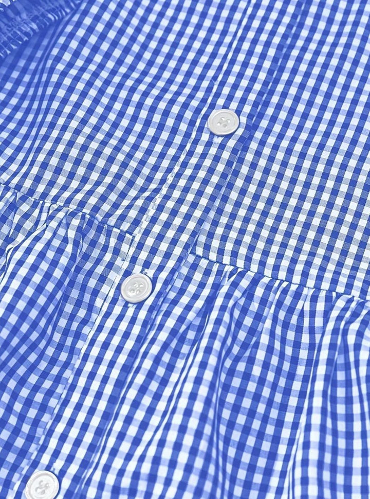 Women's Gingham Tiered Mini Dress 3/4 Puff Sleeve Button-Down