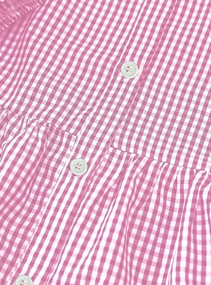 Women's Gingham Tiered Mini Dress 3/4 Puff Sleeve Button-Down
