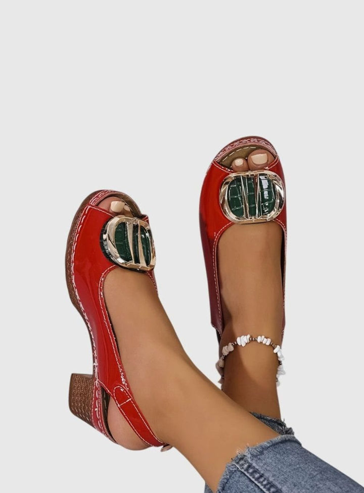 Women's Glossy Faux Leather Block Heel Peep-Toe Pumps