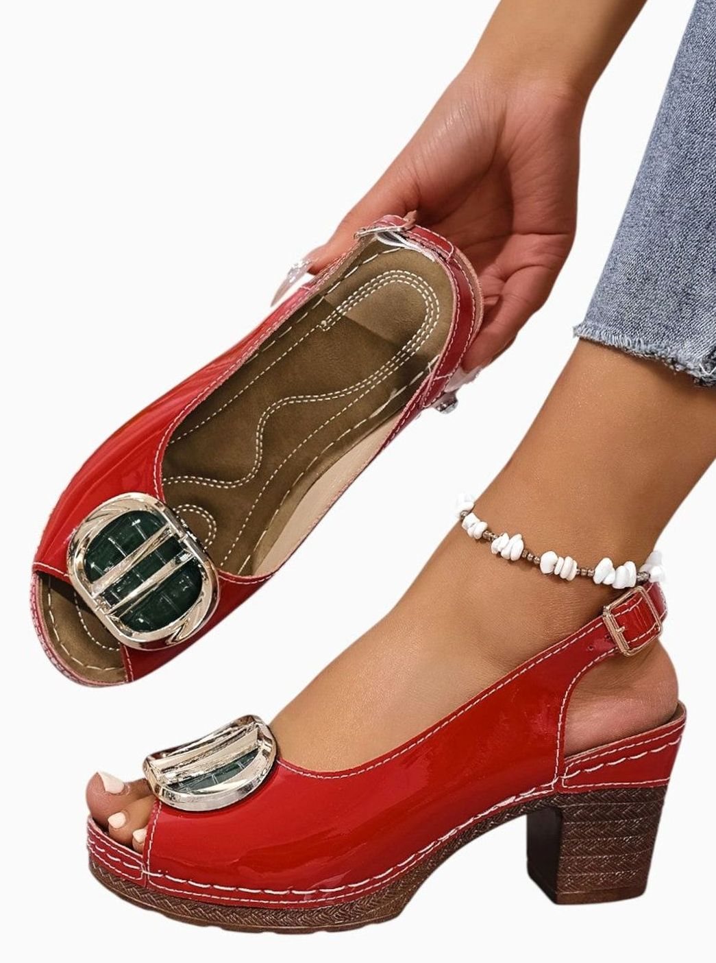 Women's Glossy Faux Leather Block Heel Peep-Toe Pumps
