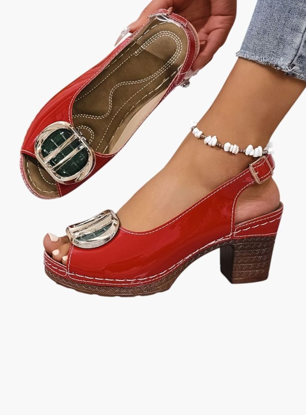 Women's Glossy Faux Leather Block Heel Peep-Toe Pumps