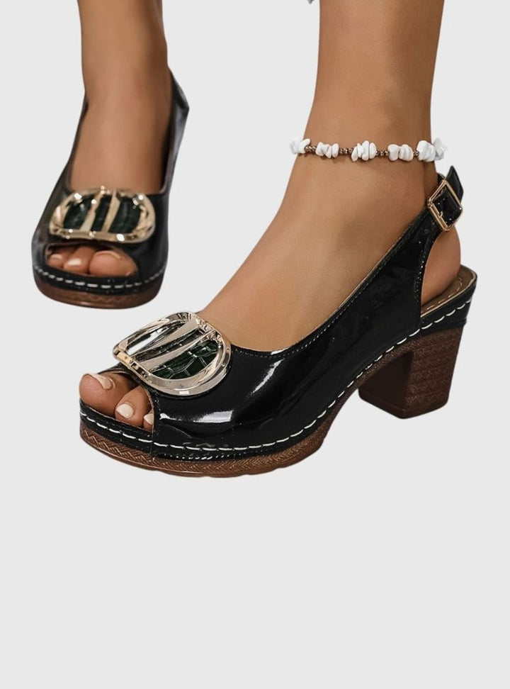 Women's Glossy Faux Leather Block Heel Peep-Toe Pumps - Black