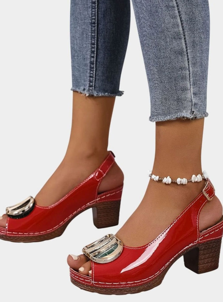 Women's Glossy Faux Leather Block Heel Peep-Toe Pumps - Red