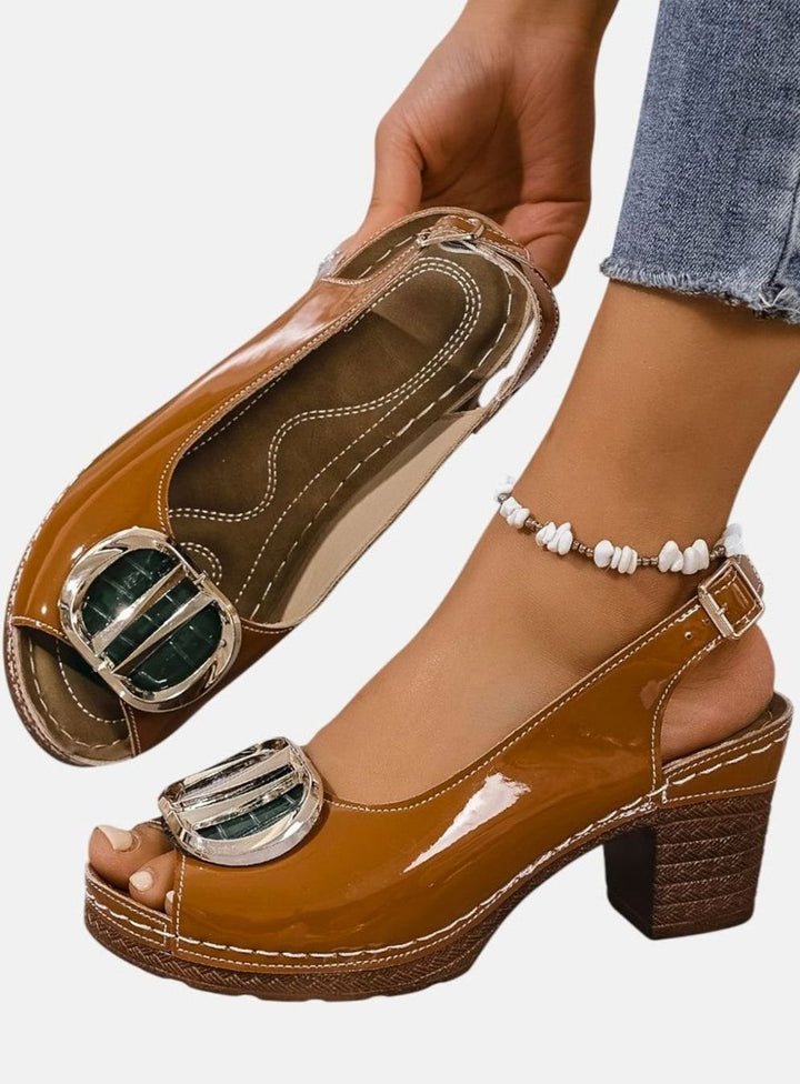 Women's Glossy Faux Leather Block Heel Peep-Toe Pumps - Brown