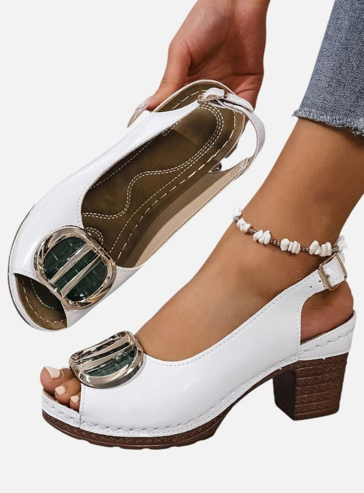 Women's Glossy Faux Leather Block Heel Peep-Toe Pumps