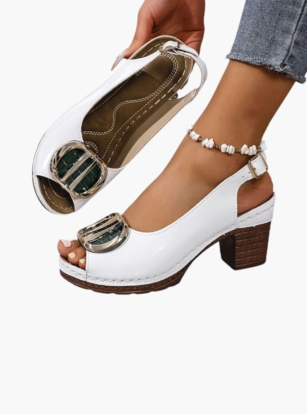 Women's Glossy Faux Leather Block Heel Peep-Toe Pumps