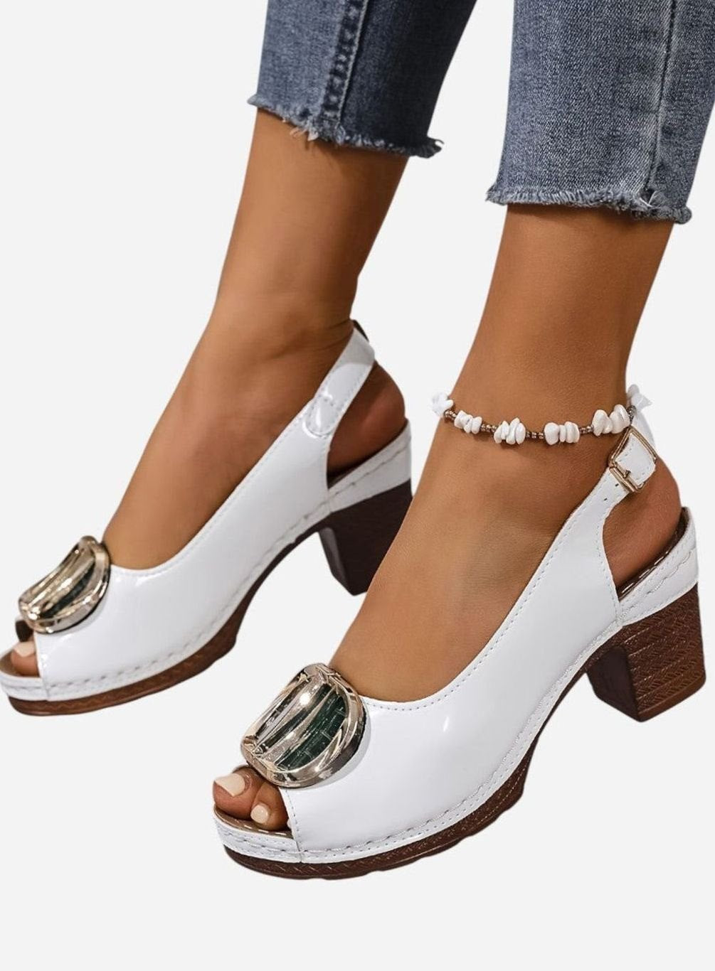 Women's Glossy Faux Leather Block Heel Peep-Toe Pumps - White