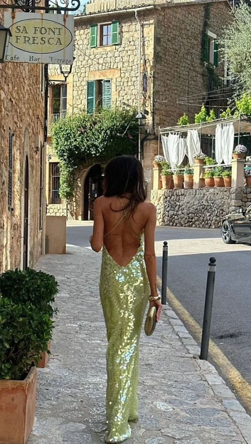 Women's Green Sequin Backless Open-Back Maxi Dress