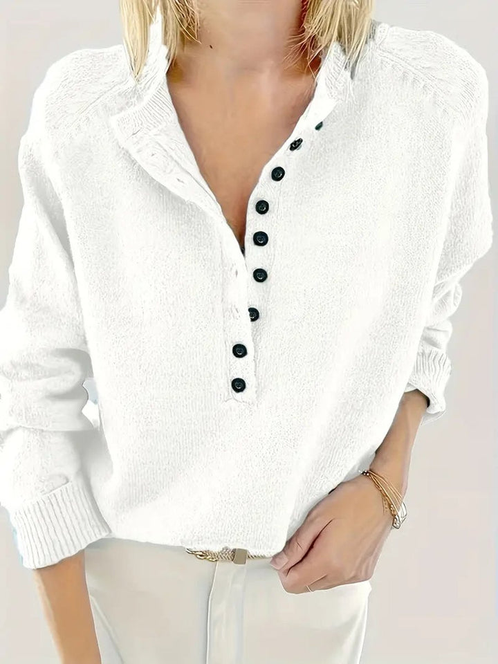 Women's Half-Button V-Neck Pullover Knit Sweater - White